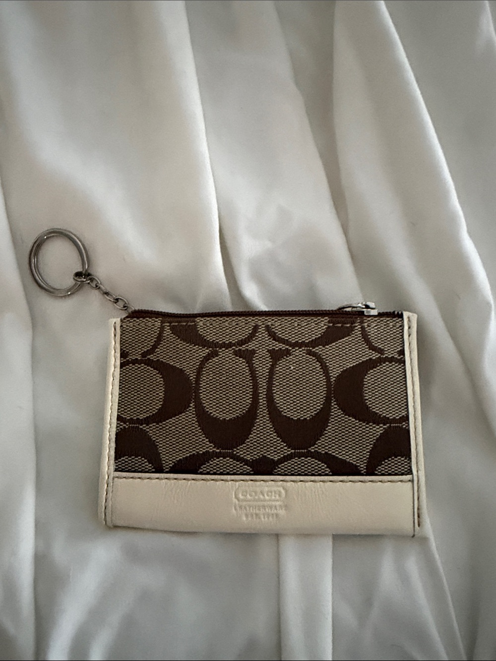 Coach Brown and Cream Signature Zip Key Pouch